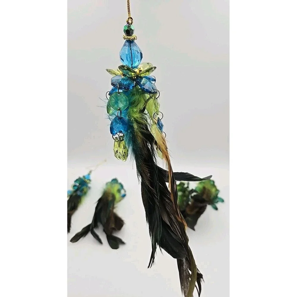 Holiday Time Green Feather Christmas Ornaments Lot Blue & Green Crystal Boho 5pc